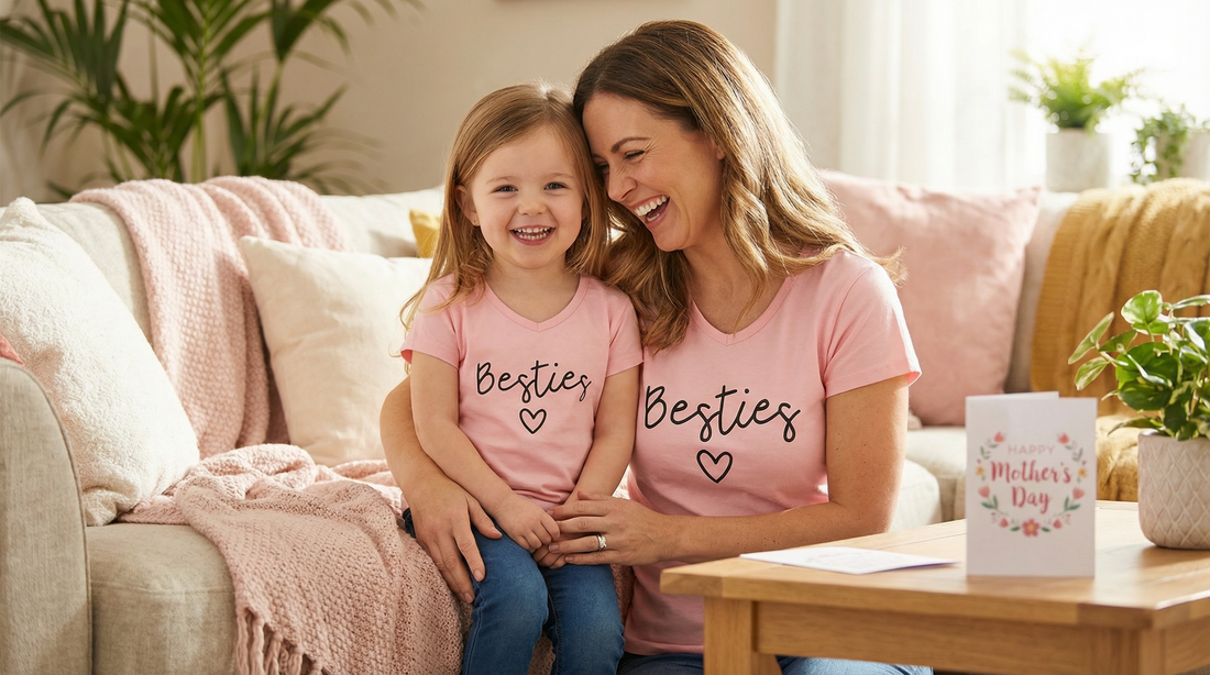 Mom and daughter wearing matching pink Besties Mommy and Me shirts by Unique Baby