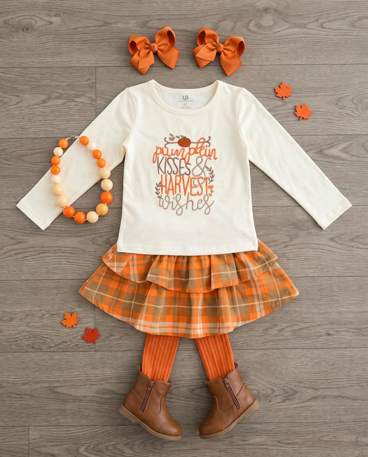 Pumpkin Kisses outfit laid flat with mini pumpkins