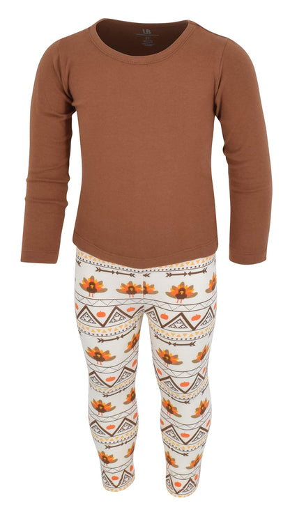 Unique Baby Toddler Girls 3 Piece Colorful Aztecan Thanksgiving Turkey Legging Set (12/6XL, Brown)