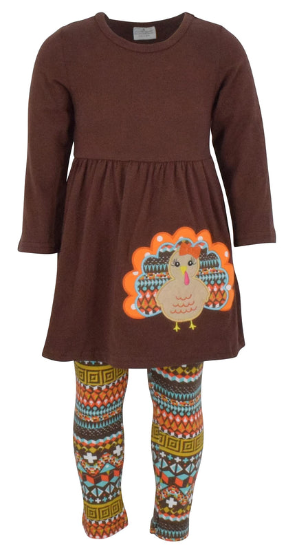 Unique Baby Toddler Girls 3 Piece Colorful Aztecan Thanksgiving Turkey Legging Set (12/6XL, Brown)