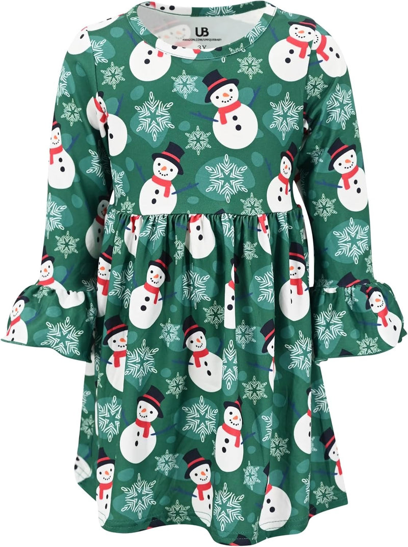 Green Christmas Snowman Unique Baby Girls Long Sleeve Ruffled Dresses for Toddlers and Kids 6 Years Green Christmas Snow