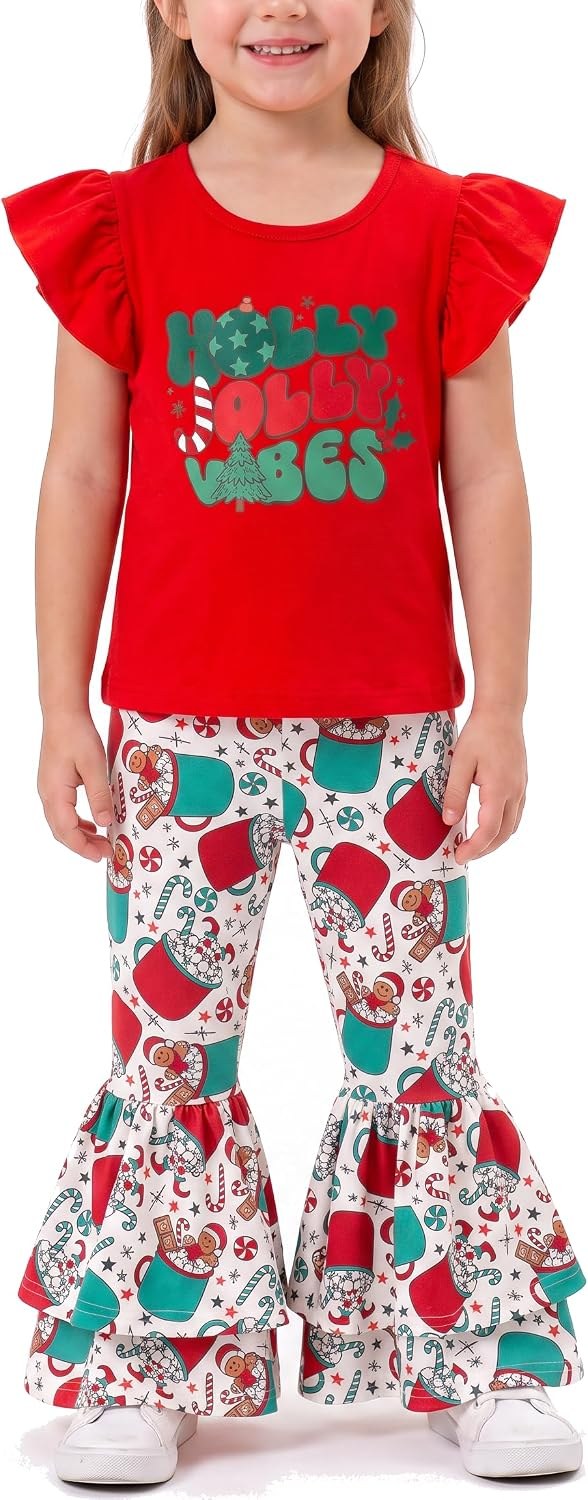 Holly Jolly Vibes Unique Baby Girls 2 Piece Christmas Bell Bottom Legging Set Outfit and Shirt Kid Toddler Girl Clothes 