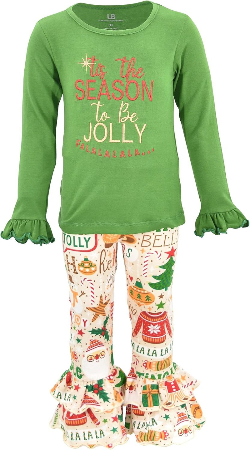 Jolly Unique Baby Girls 2 Piece Season To Be Jolly Santa Ruffe Outfit (7Y, Green)