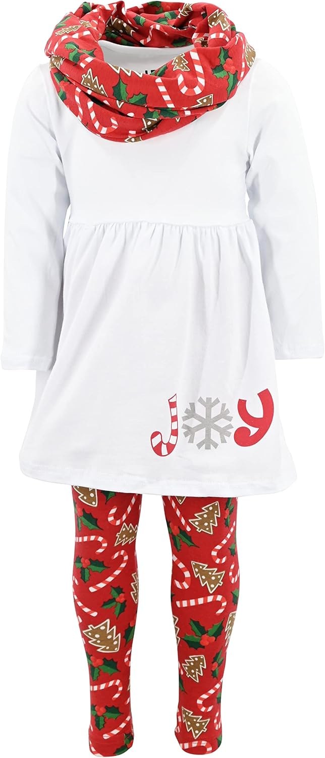 JOY Unique Baby Girls Snowflake JOY Scarf Legging Set Christmas Outfit Clothes (12Y, Red)
