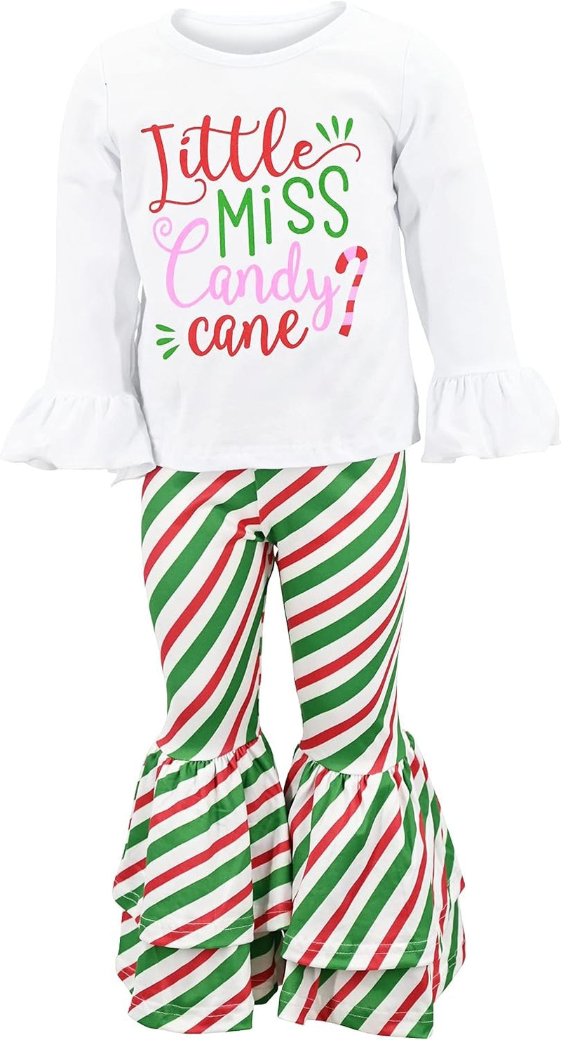 Little Miss Candy Cane Unique Baby Girls Candy Cane Cutie Flare Pants Christmas Outfit Clothes (8Y, White)