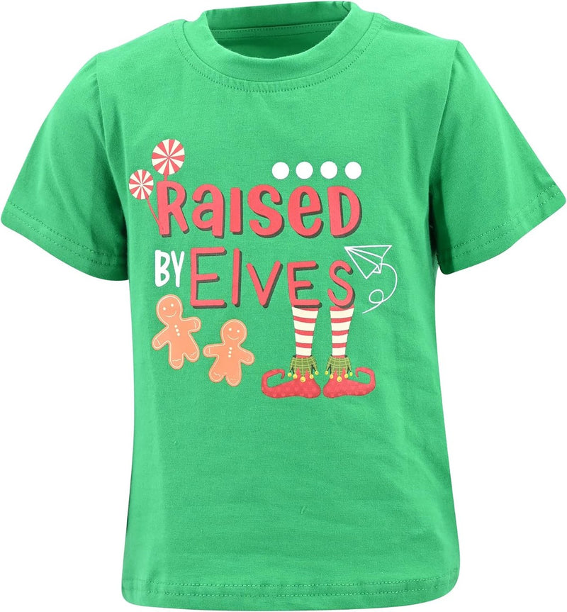 Raised By Elves Unique Baby Boys Raised by Elves Short Sleeve Kids Christmas Shirt Clothes (8Y, Green)