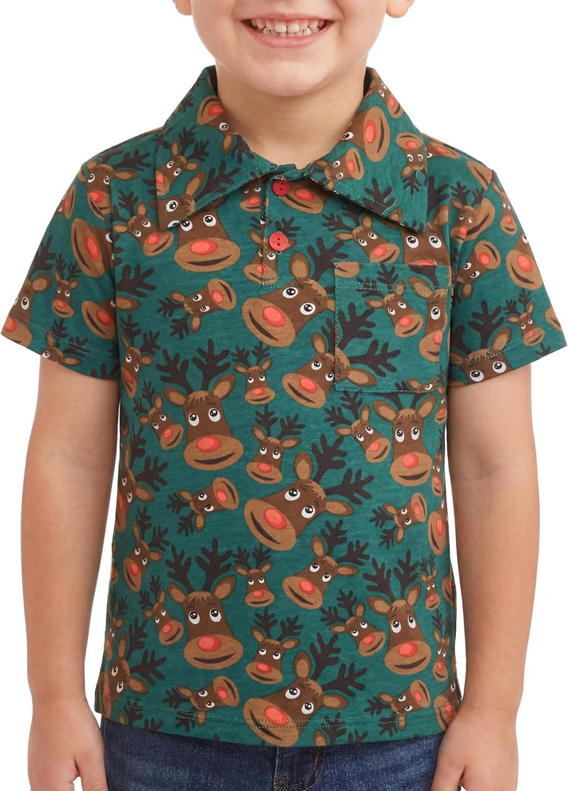 Reindeer Unique Baby Boys Green Reindeer Collared Christmas Polo T Shirt (7, Reindeer)