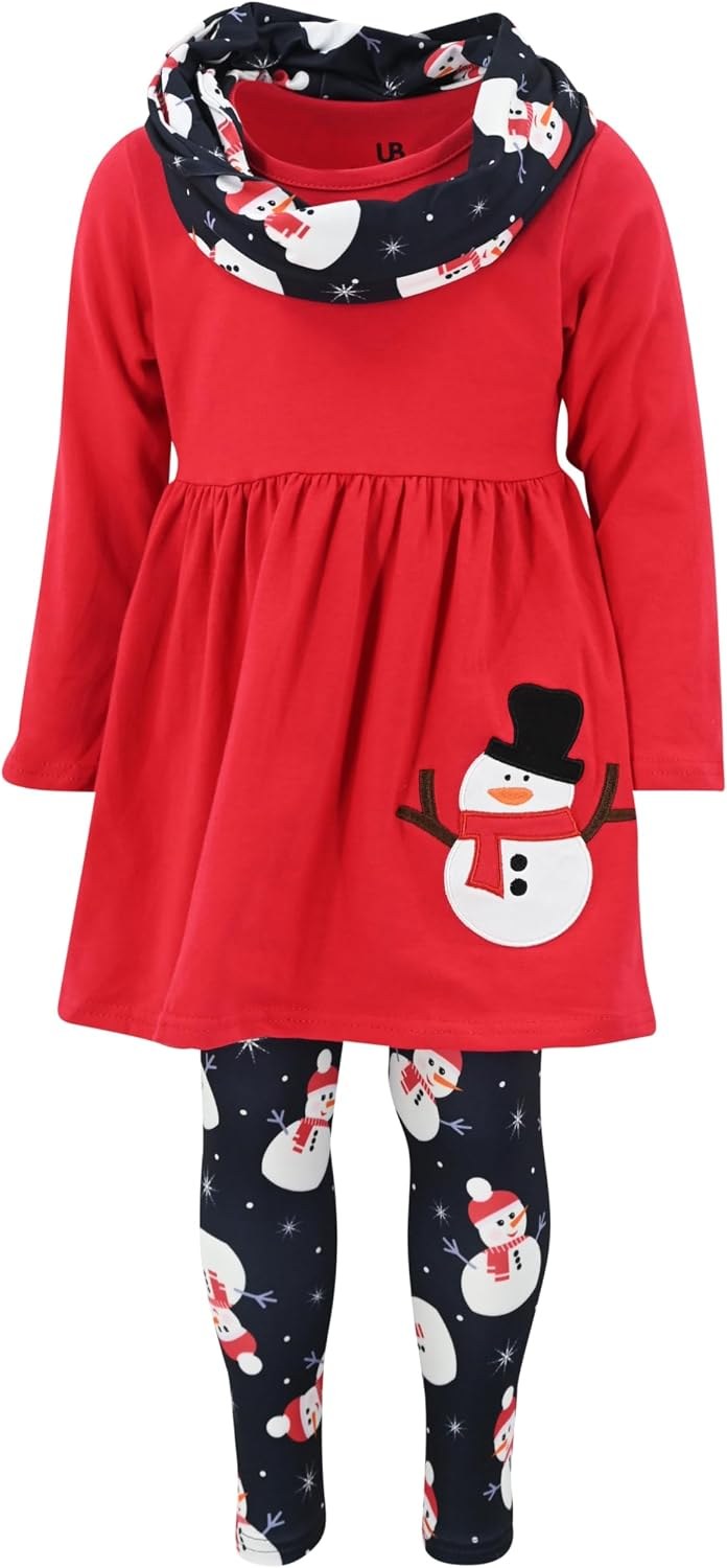 Snowman Snowflakes Black Unique Baby Girls 3 Piece Legging Set Christmas Outfit for Girl Toddler and Big Kids (4Y, Snowm