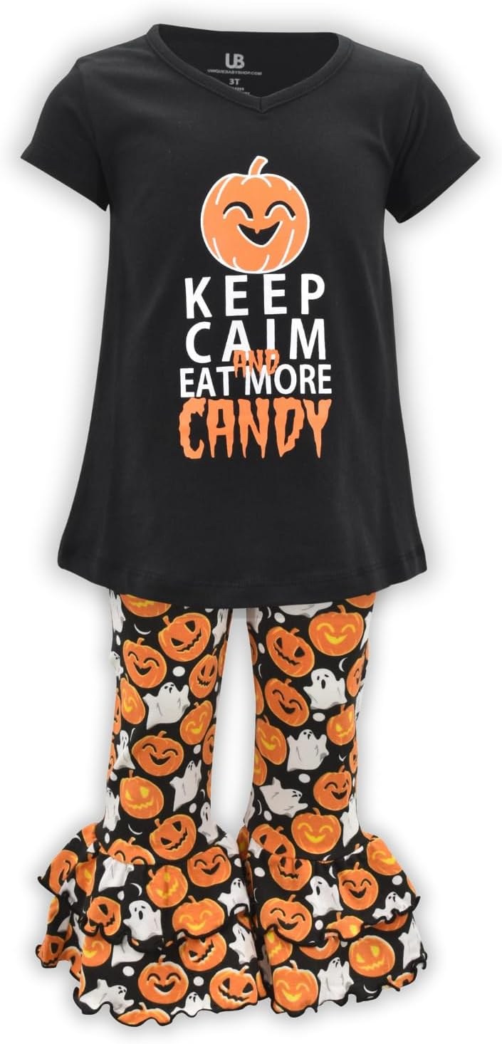 Candy Unique Baby 2 Piece Girls Double Ruffle Leggings and Short Sleeve Shirt Clothes Set Kid and Toddler Girl Halloween