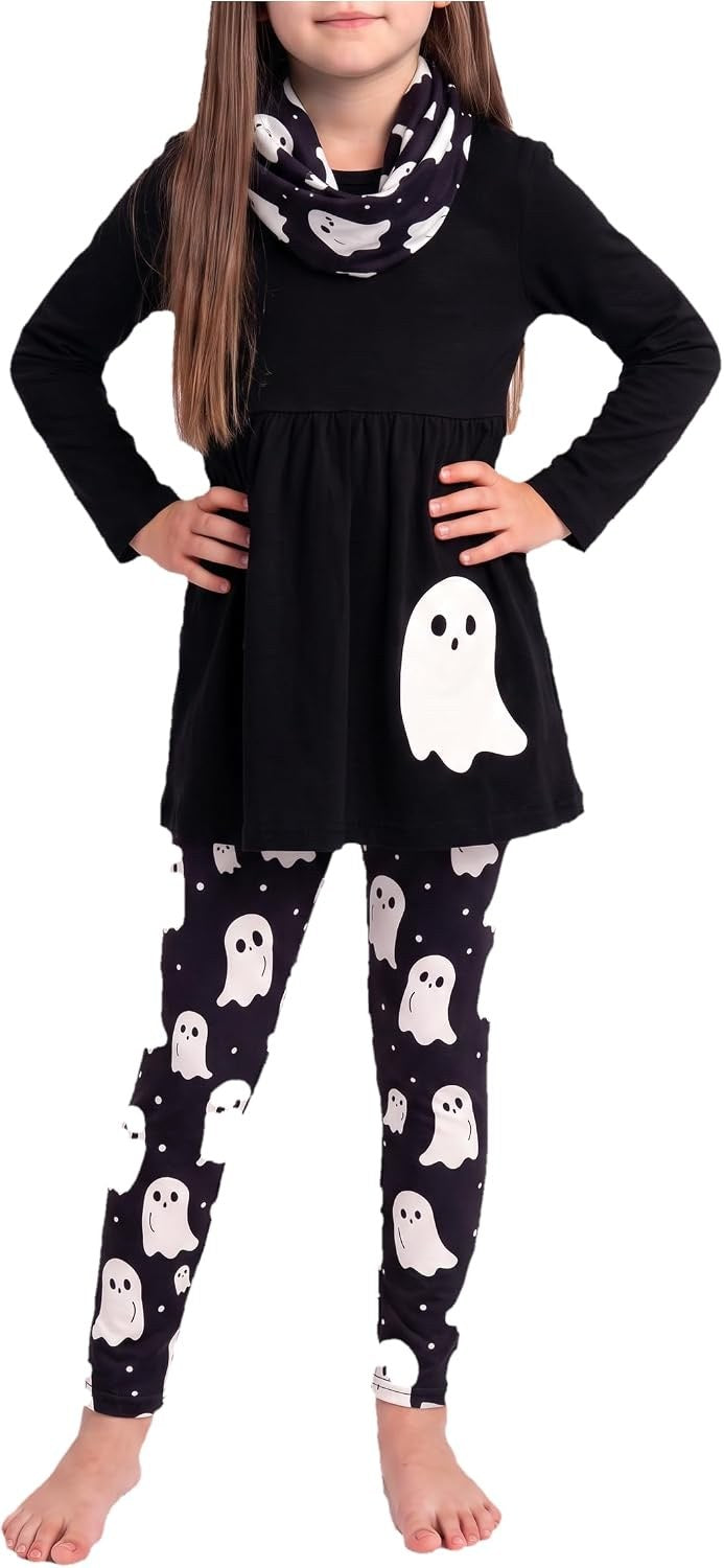 Ghost Print Unique Baby Girls 3 Piece Halloween Outfit Set Long Sleeve Black Tunic Leggings Scarf White Ghost Print Spoo