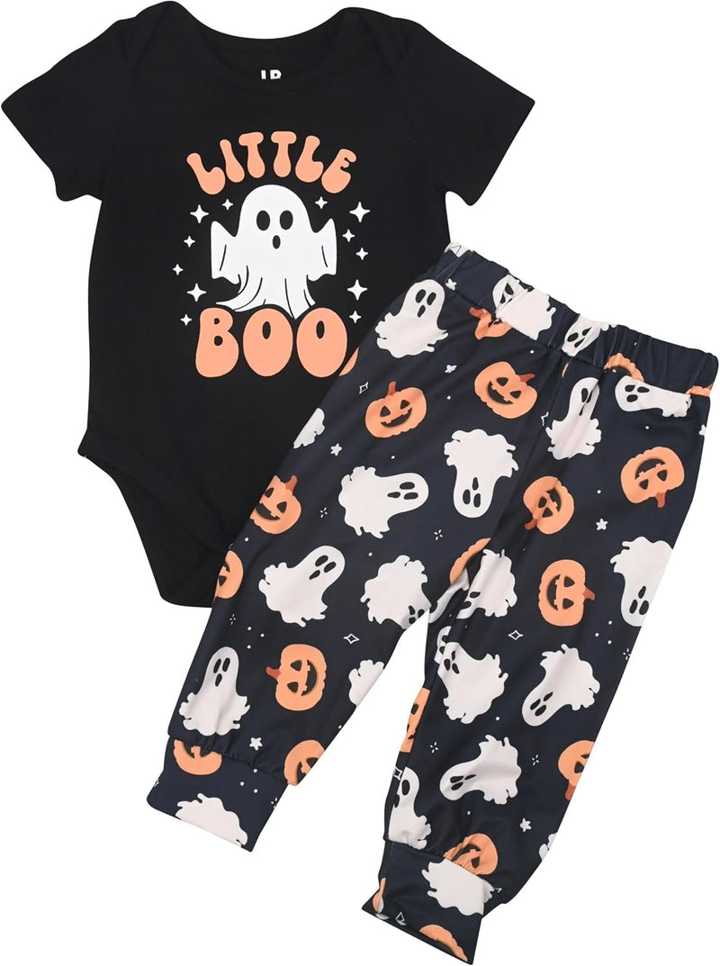 Little Boo Unisex Halloween Fall Ghost Pumpkin Little Boo Romper Baby Outfit Set (3M, Little Boo)