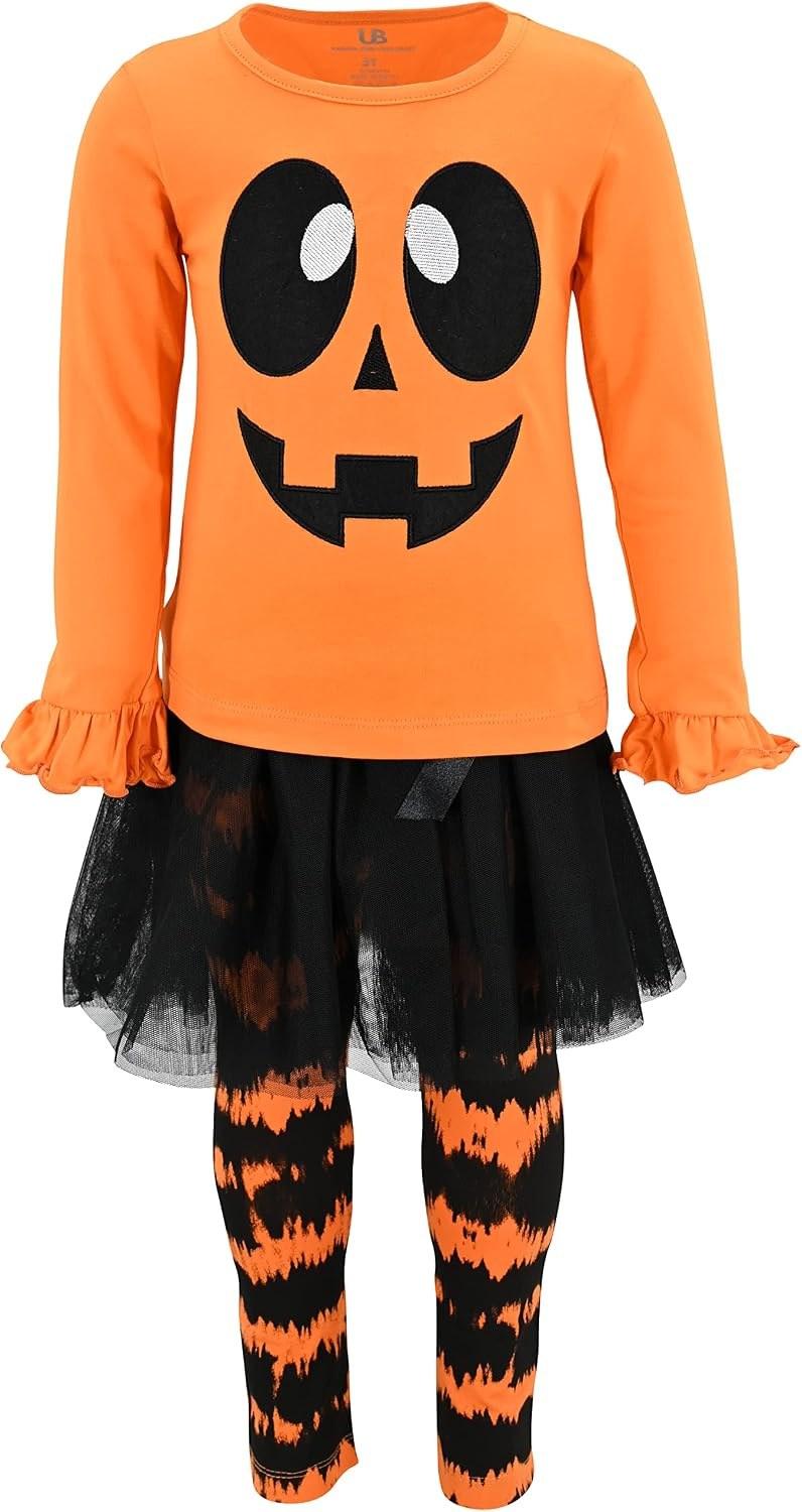 Pumpkin Face Unique Baby Girls 2 Piece Embroidered Pumpkin Skirt Leggings Halloween Outfit (7Y, Orange)