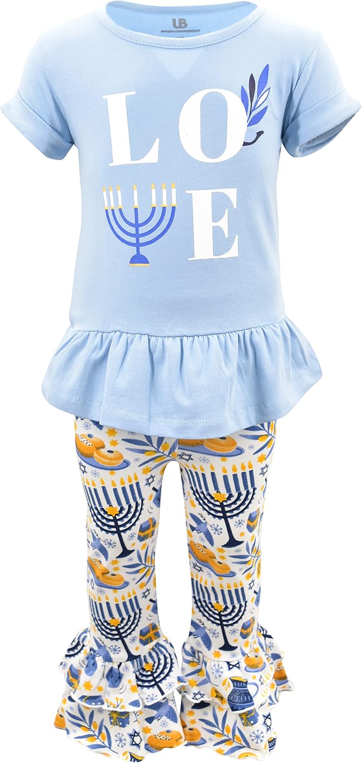 hanukkah blue hanukkah 2 piece girls double ruffle leggings and b09gznnqv9