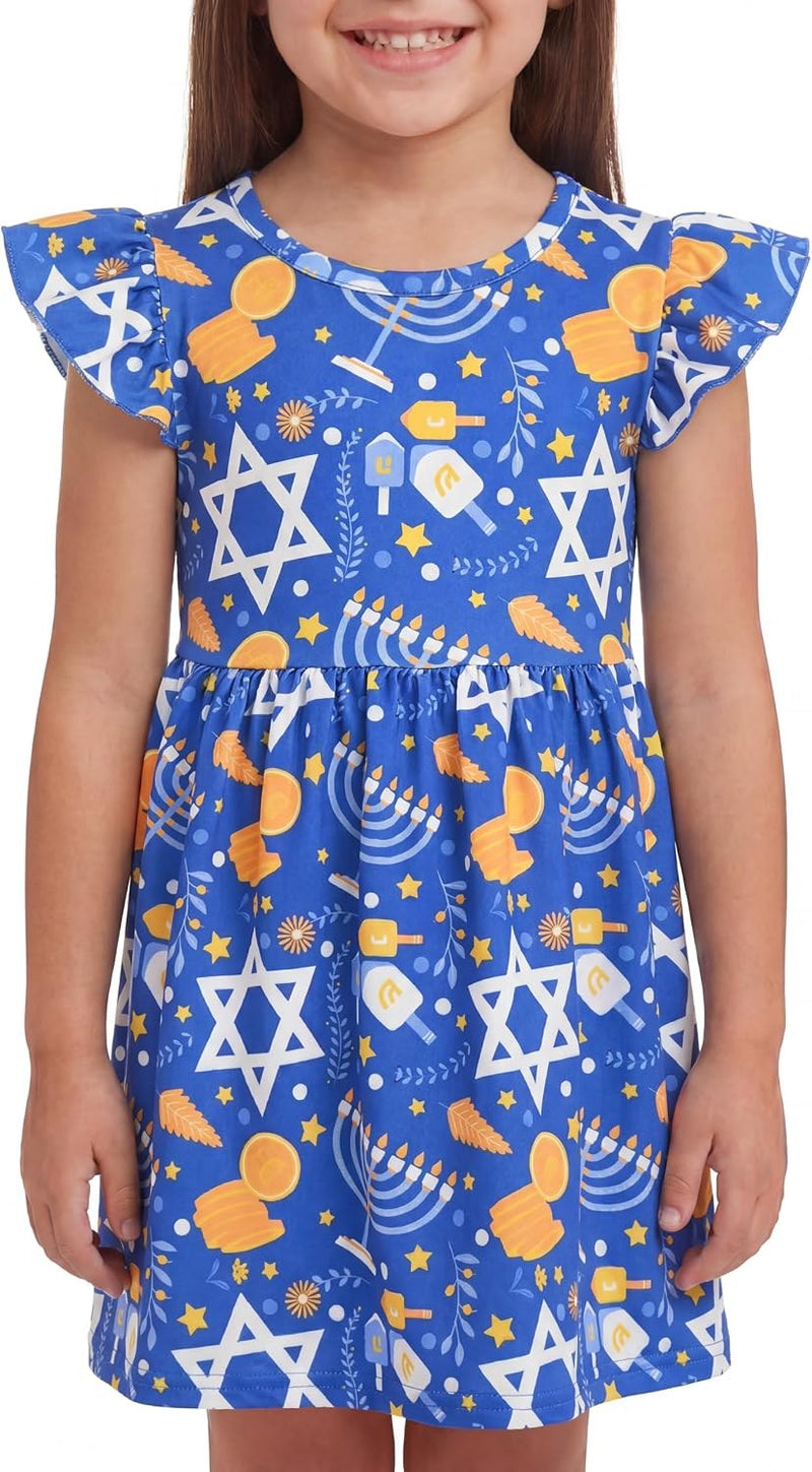 Blue Hanukkah Star Unique Baby Girls Petal Sleeve Hanukkah Dress Outfits for Girl Toddler and Big Kids (4Y, Blue Hanukka