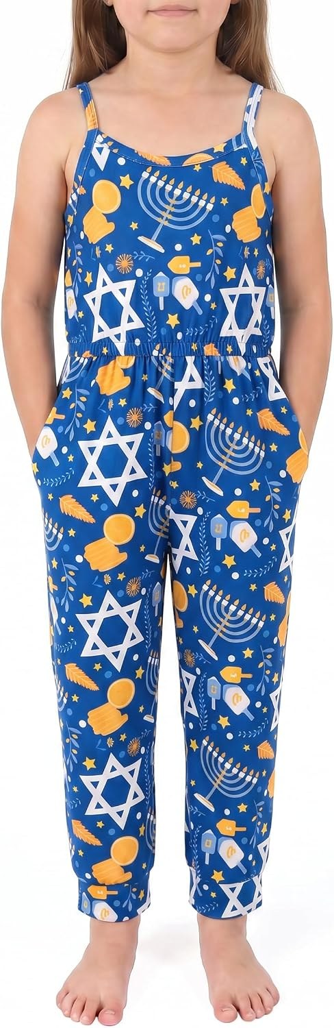 Blue Star Unique Baby Girls Sleeveless Jumpsuit Hanukkah Winter Outfit for Girl Toddler and Big Kids (12M, Blue Star)