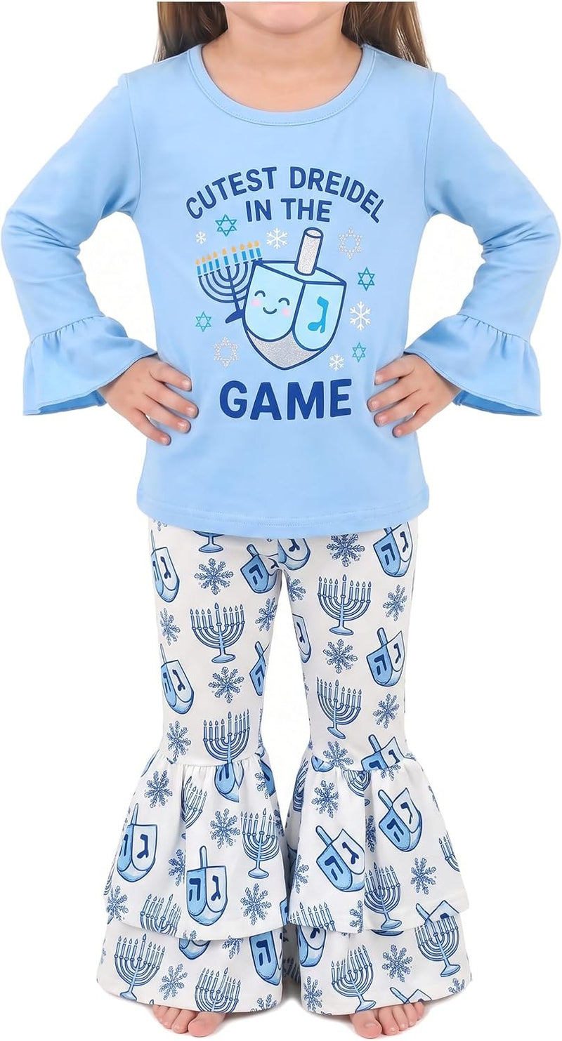 Cutest Dreidel In The Game Unique Baby Girls Hanukkah 2 Piece Outfit Cutest Dreidel In The Game Long Sleeve Top + Bell B