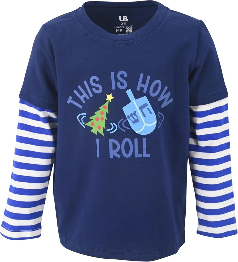 Dreidel Unique Baby Boys Layered Long Sleeve Hanukkah Shirt for Toddler and Big Kids (5Y, Dreidel)