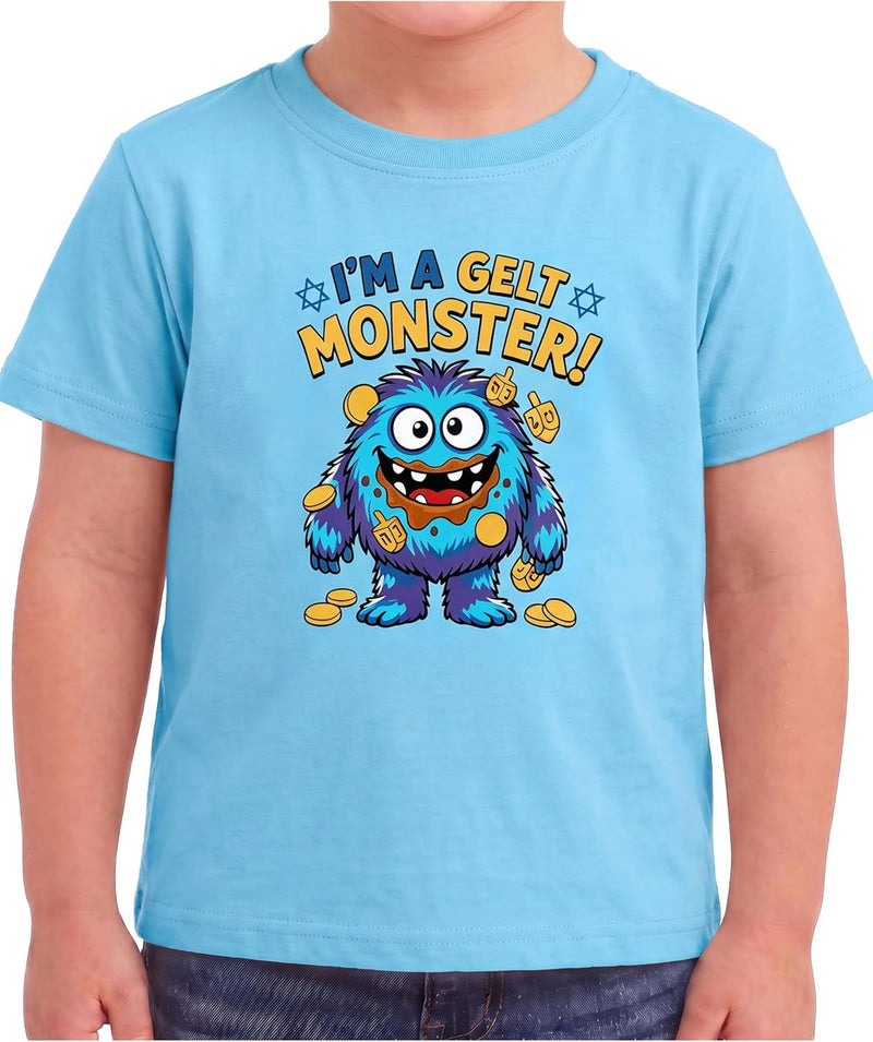 Gelt Monster Boys Hanukkah T-Shirt I am a Gelt Monster Short Sleeve Graphic Funny Holiday Tee (4Y)