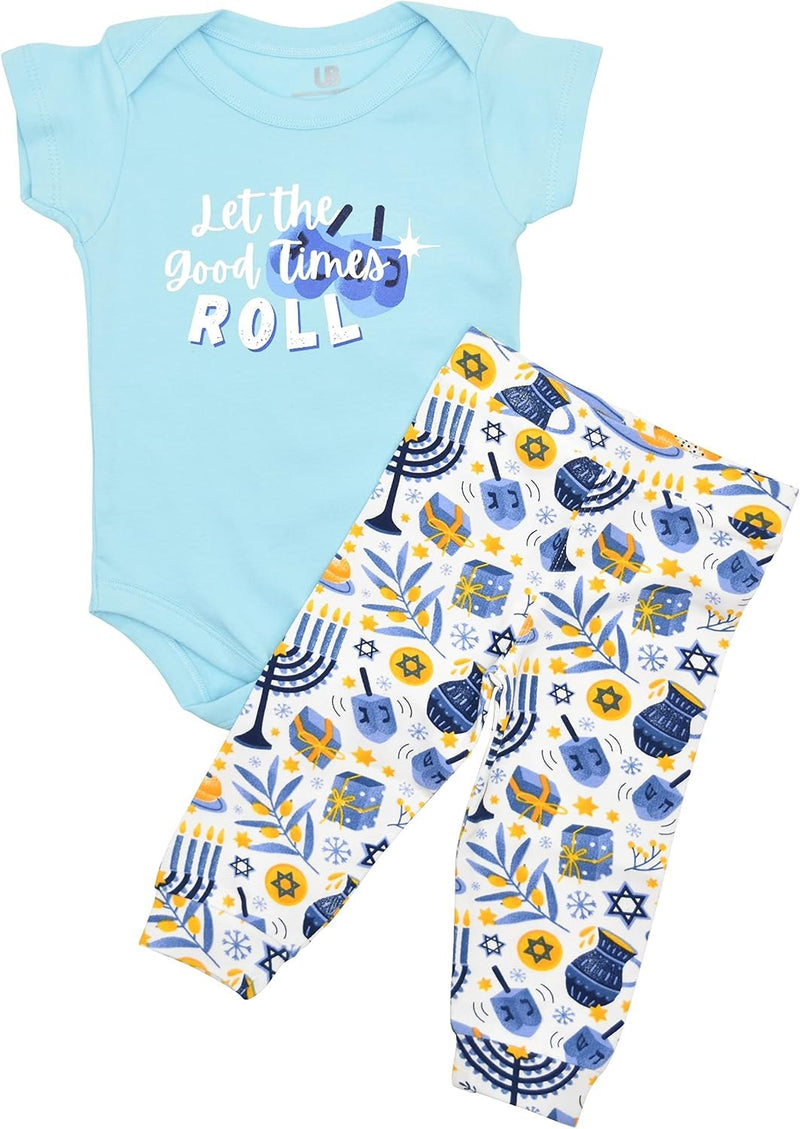 Good Times Roll Unique Baby Unisex Hanukkah Let the Good Times Roll Outfit Set (18M, Blue)