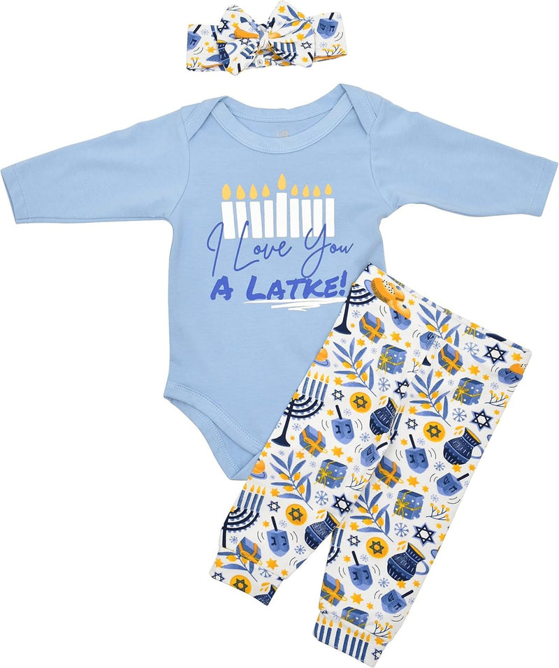 Hanukkah Pastry Unique Baby Girls I Love You Latke Hanukkah Outfit Layette Set (18M, Baby Blue)