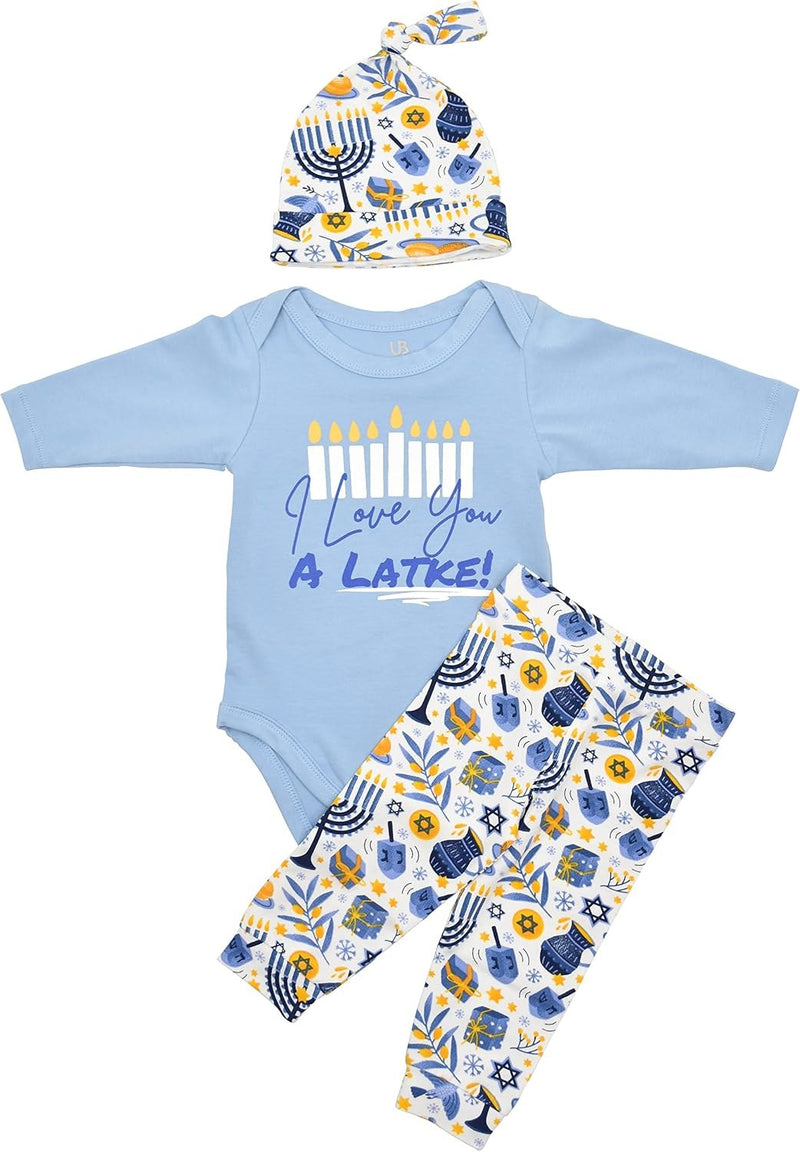 Love Latke Unique Baby Boy I Love You Latke Hanukkah Outfit Layette Set (9M, Baby Blue)