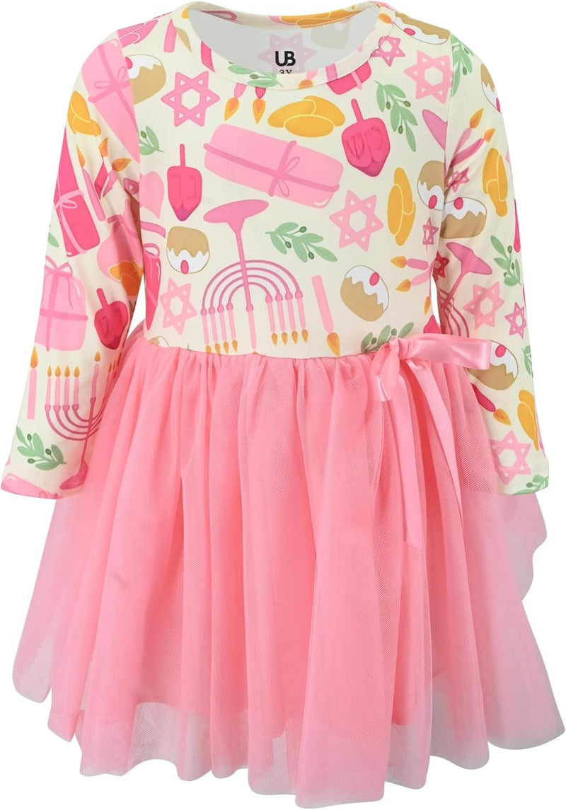 Pink Menorah Unique Baby Girls Long Sleeve Winter Hanukkah Tutu Dress Outfit for Toddler and Kids (7Y, Pink Menorah)