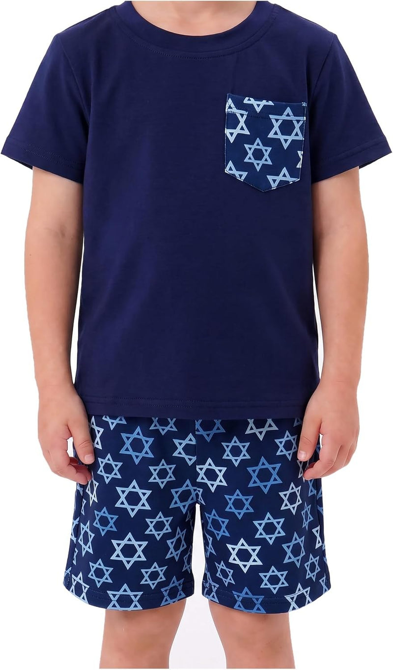 Star of David Unique Baby Boys 2 Piece Hanukkah Outfit Star of David Tee Shirt with Matching Shorts (5Y)