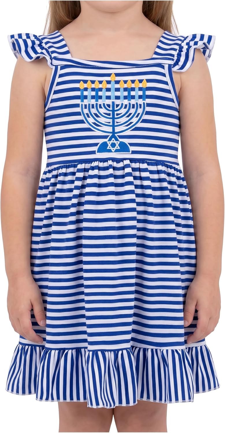 Striped Menorah Unique Baby Girls Hanukkah Dress Blue White Stripes Embroidered Menorah Flutter Sleeve Ruffle Hem (5Y)