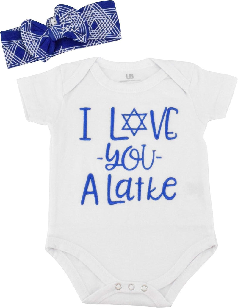 White & Blue Unique Baby Girls I Love You Latke Hanukkah Layette Outfit Headband (Newborn)