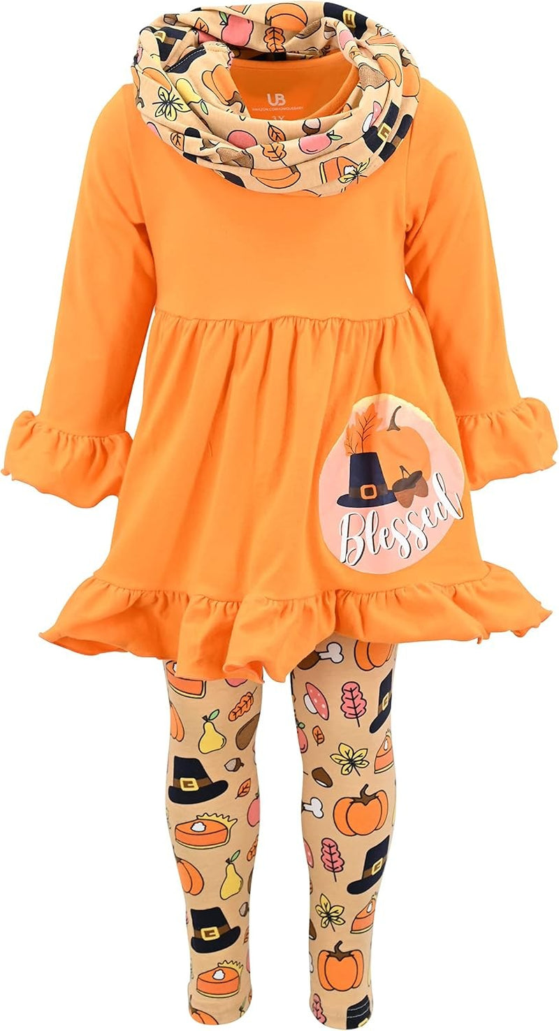 Blessed Unique Baby Girls 3 Piece Blessed Thanksgiving Clothes Legging Set Outfit (7Y, Orange)