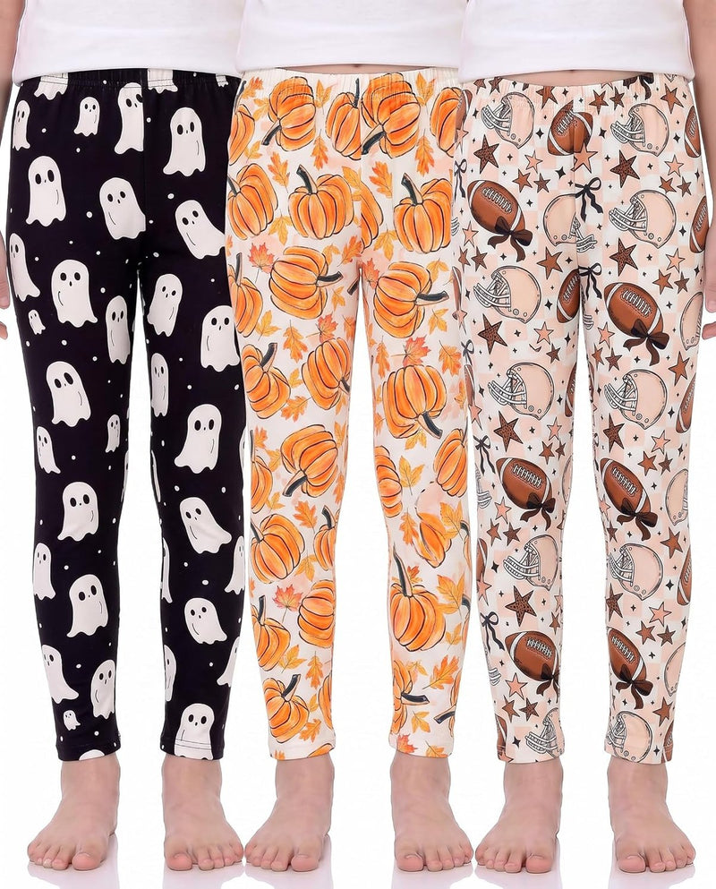 Fall Faves Girls 3 Pack Leggings Fall Halloween Football Pumpkin Ghost Leaves Stars Bows Helmet Allover Print Autumn Tha