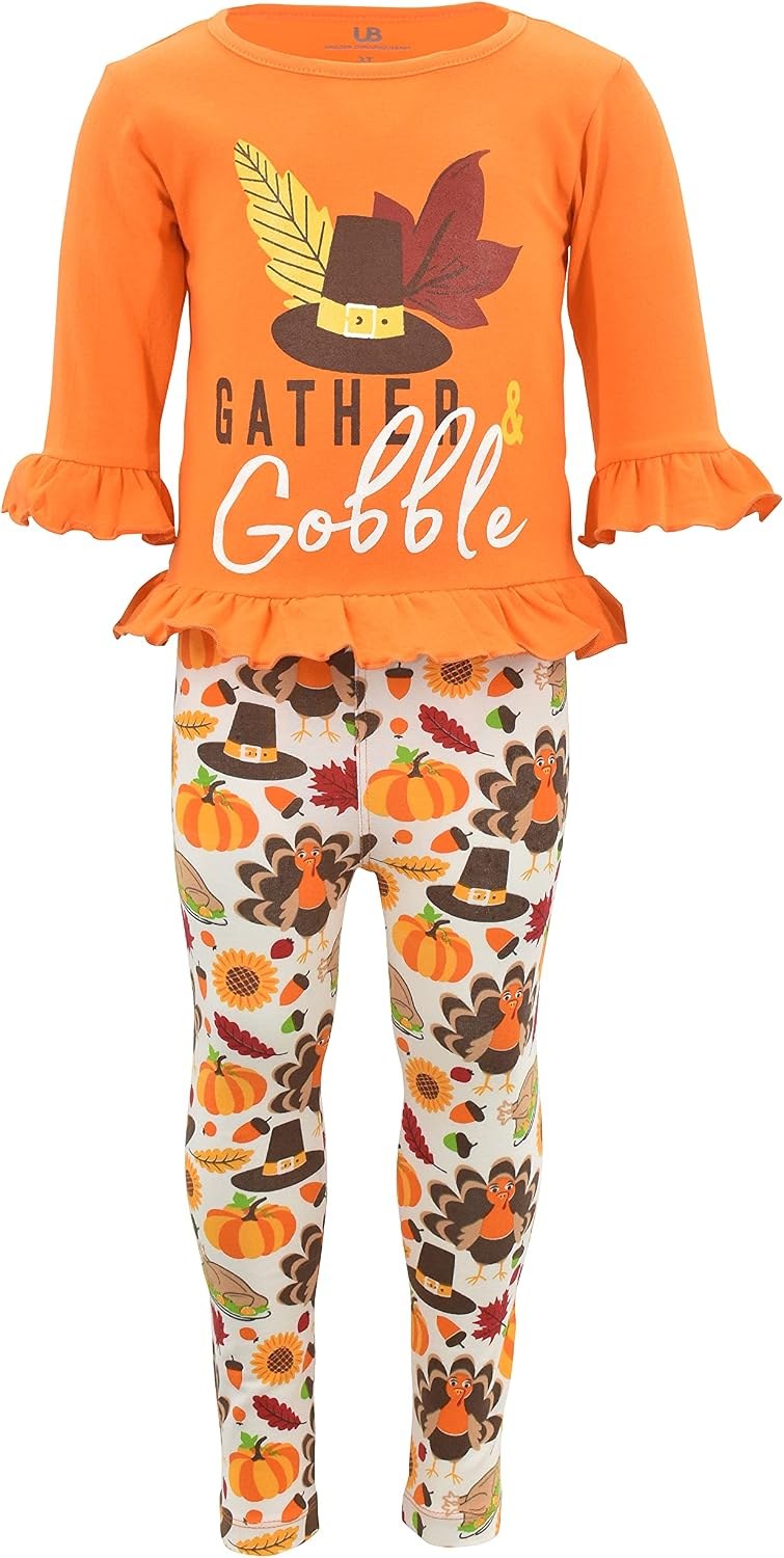 Gather Gobble Unique Baby Girls 2 Piece Gather And Gobble Thanksgiving Outfit (5Y, Orange)