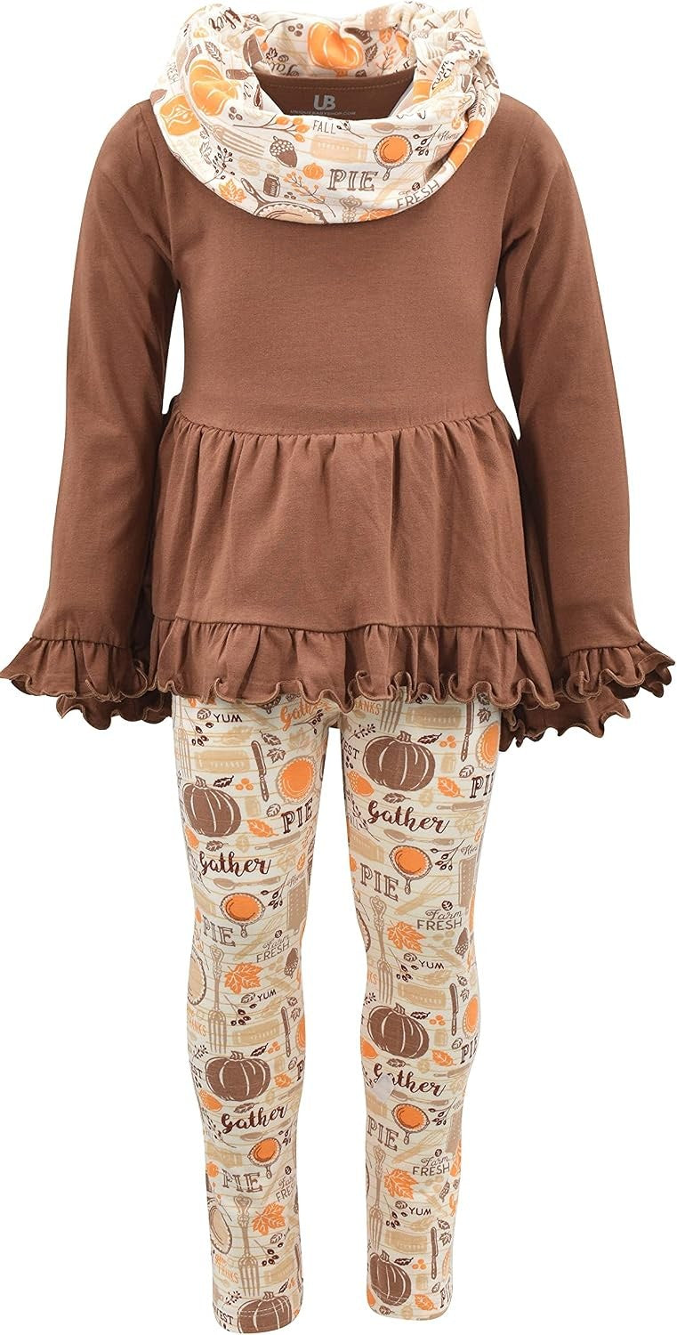 Gather Print Unique Baby Girls 3 Piece Fall Pumpkin Gather Thanksgiving Outfit (7Y, Brown)