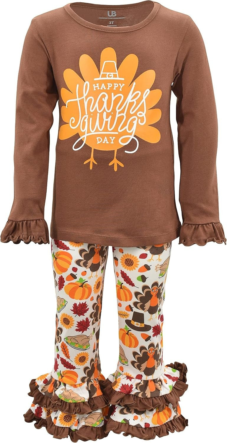 Happy Thanksgiving Day Unique Baby Girls Thanksgiving Day Turkey Ruffle Legging Set Outfit (5Y, Brown)