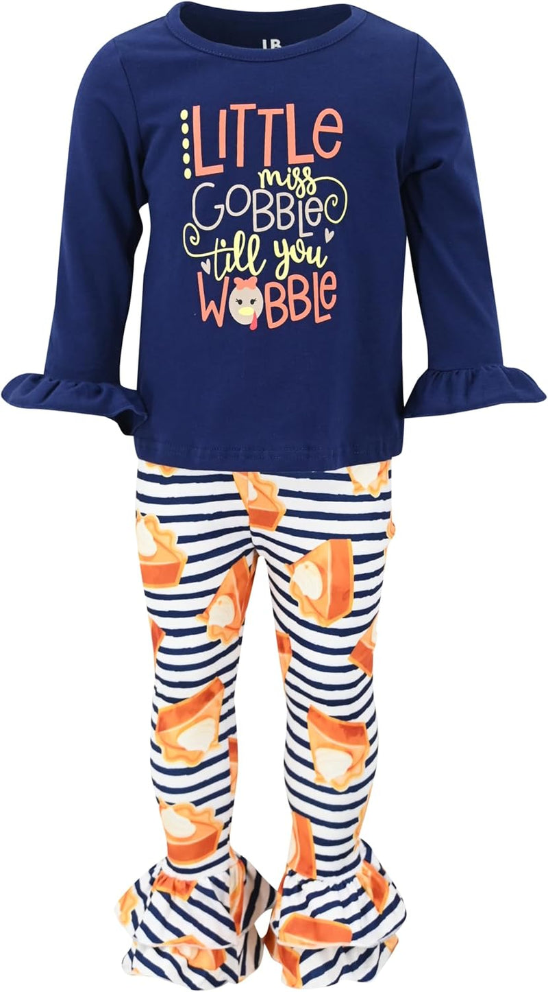 thanksgiving miss gobble wobble blue 2 piece girls double ruffle leggings and b0dcbydsl1