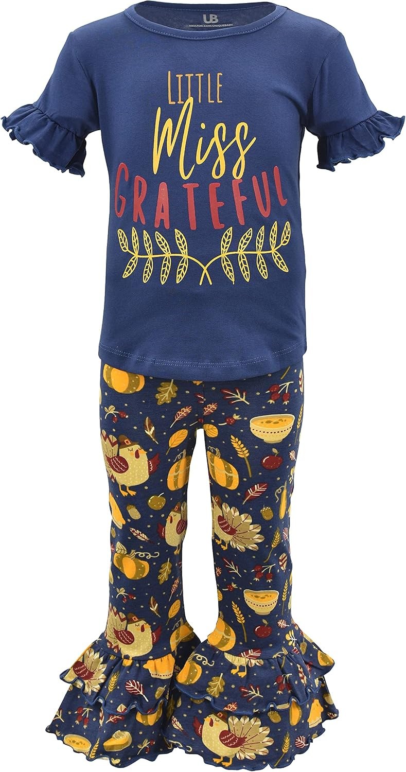 Miss Grateful Ruffle Unique Baby Girls Thanksgiving Grateful Turkey Legging Set Outfit (8Y, Blue)