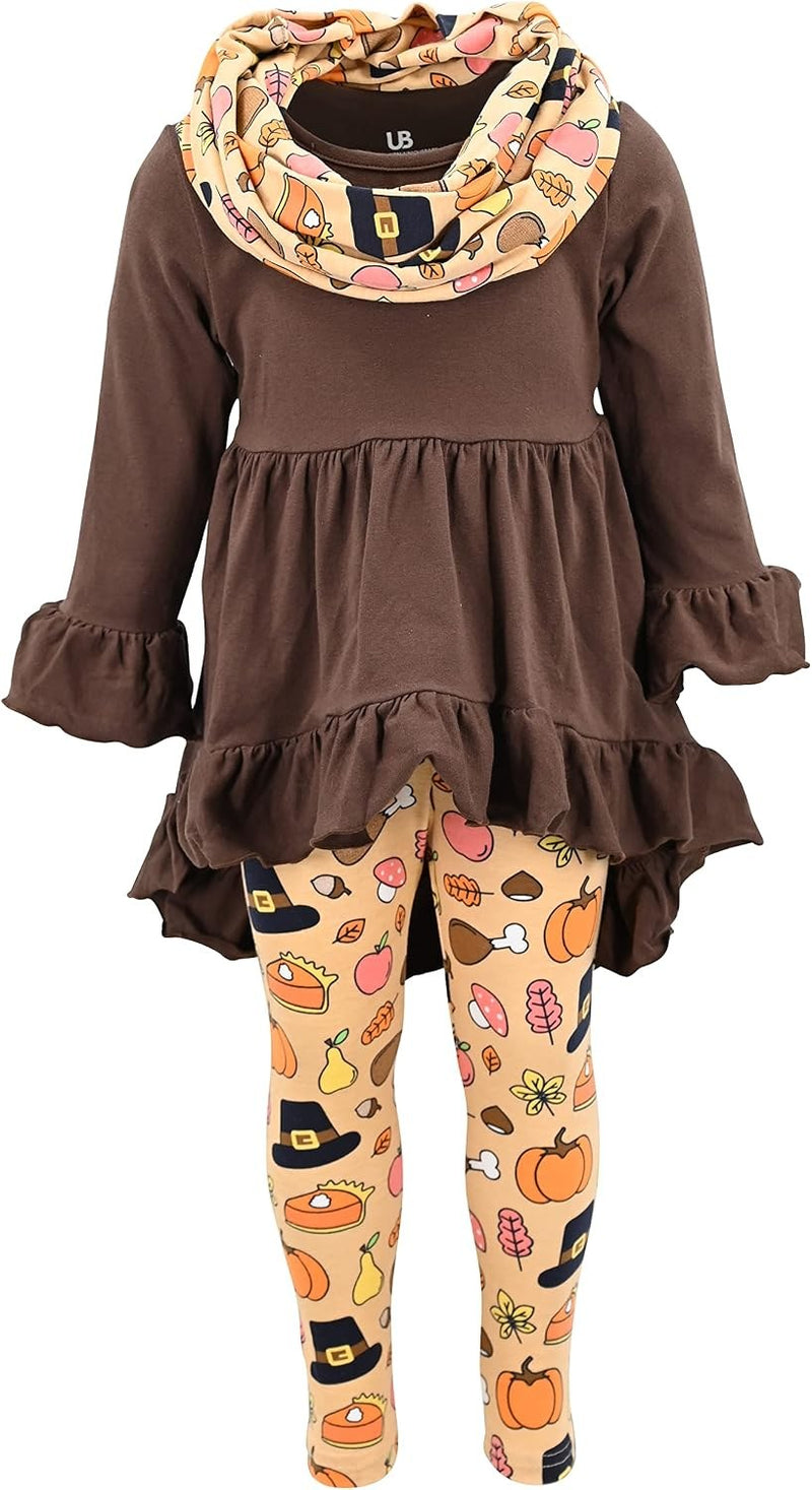 Pilgrim Feast Unique Baby Girls 3 Piece Thanksgiving Dinner Clothes Legging Set Outfit (6Y, Brown)