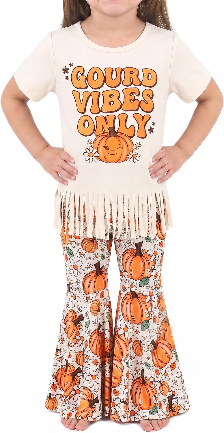 Pumpkin Daisy Unique Baby Girls 2 Piece Fall Outfit Set Short Sleeve Fringe Top Pumpkin Daisy Bell Bottom Pants Pumpkin 
