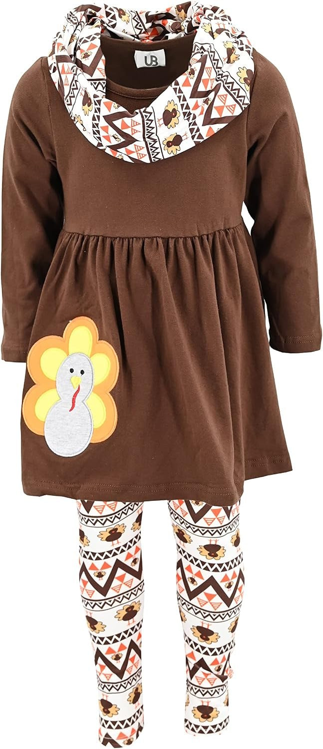 Thanksgiving Turkey Unique Baby Girls 3 Piece Matching Thanksgiving Turkey Legging Set (7) Brown