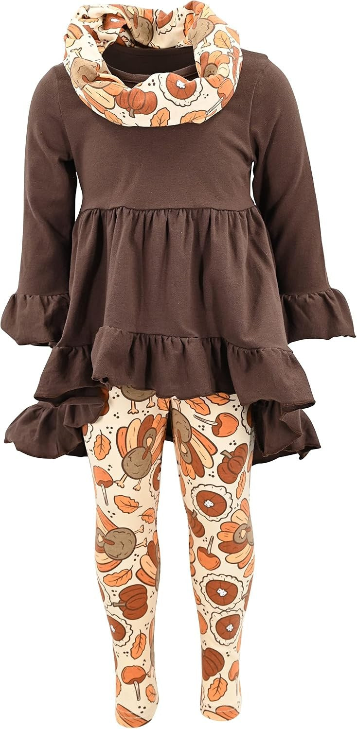 Turkey Pie Unique Baby Girls 3 Piece Turkey Pie Thanksgiving Clothes Legging Outfit (7Y, Brown)