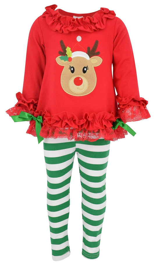 Unique Baby Girls Striped Christmas Reindeer 2 Piece Outfit (10, Red) - Unique Baby Shop - 