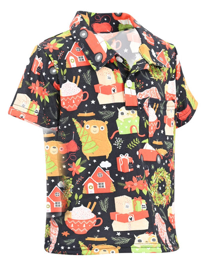 Boys' Festive Holiday Polo Shirt - Christmas Print Collared Top - Sizes 18M to 12 Years - Unique Baby Shop - Christmas