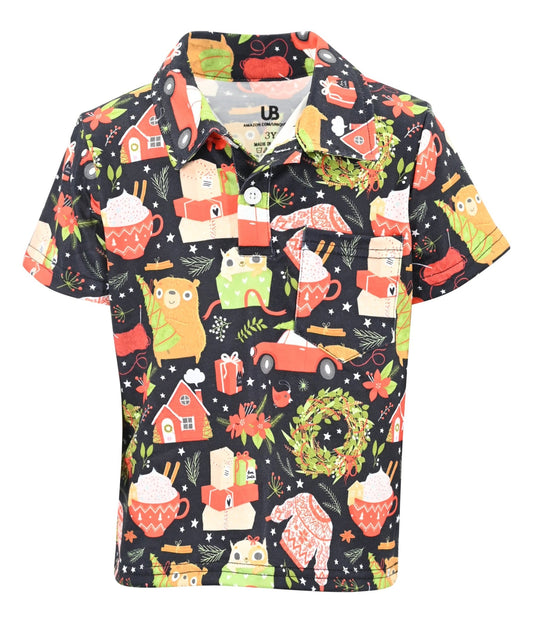 Boys' Festive Holiday Polo Shirt - Christmas Print Collared Top - Sizes 18M to 12 Years - Unique Baby Shop - Christmas