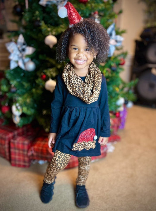 Toddler and Big Girls Leopard Print Santa 3 Piece Christmas Outfit - Unique Baby Shop - Christmas