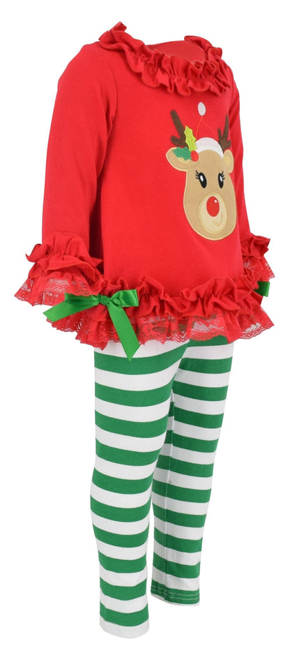 Toddler Big Girls Kids Striped Christmas Leggings Reindeer 2 Piece Dinner Party Outfit - Unique Baby Shop - Christmas
