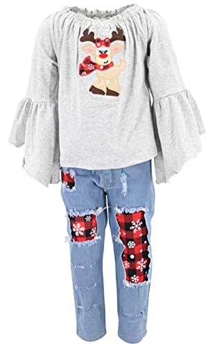 Unique Baby Girls Grey Reindeer 2pc Jeans Set Outfit - Unique Baby Shop - Christmas